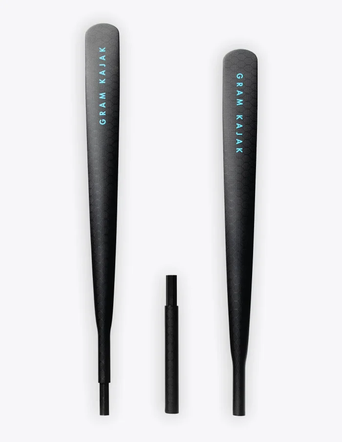 Gram 9200T three-piece carbon Greenland paddle, disassembled into three parts – wider blade and near-flat tip for extra power