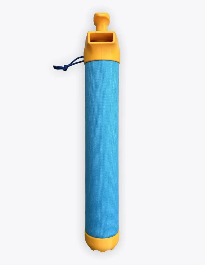 Floating Lingo kayak bilge pump in blue and orange, full length